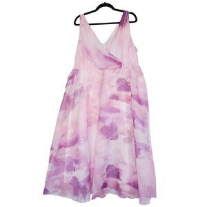 Pink & Purple Floral Midi Fit And Flare Dress With V-Neck Sleeveless Design NWT